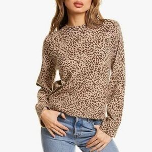 Monrow Leopard Print Cotton Cashmere Blend Mock Neck Long Sleeve Sweater